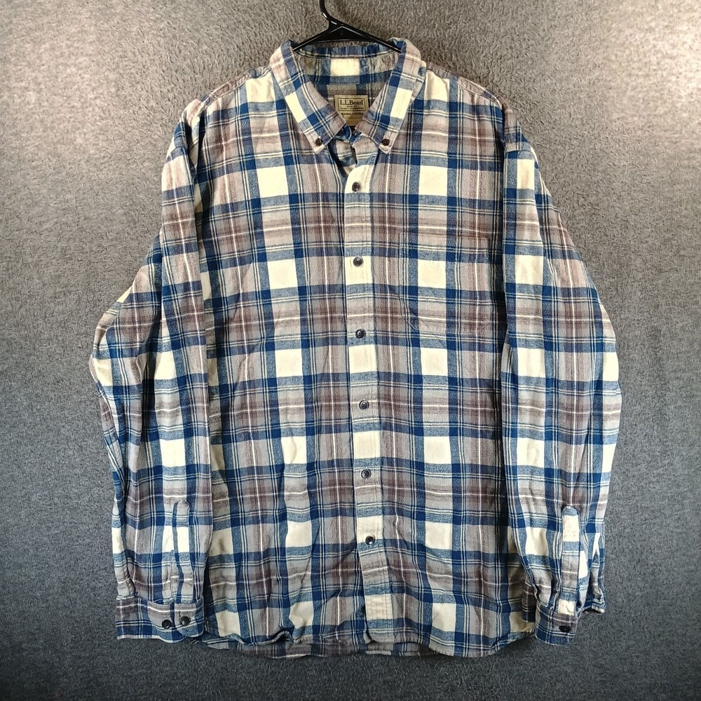 LL Bean Scotch Plaid Flannel Shirt Men‎ XXL Grey Stewart Shirttail Hem Pocket
